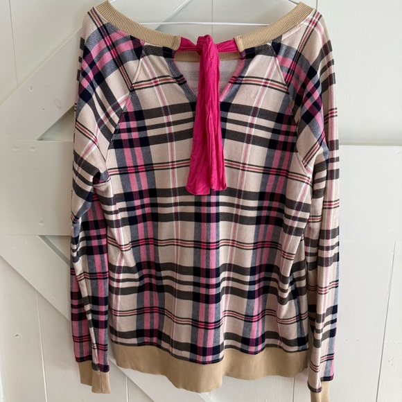 Crown & Ivy Women’s Cream/Pink/Navy Plaid Long Sleeve Scoop Neck Sweatshirt L - Picture 5 of 10
